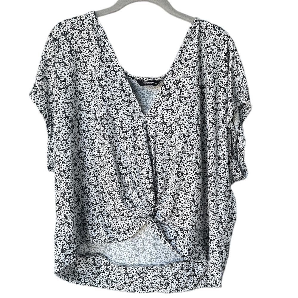 Lucky Brand Twist Front T Shirt Black White Floral Size XL